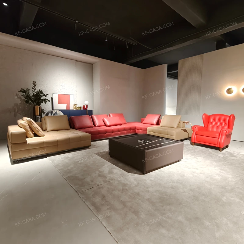 Modern Modular Sectional Sofa with Grid Tufted Craftsmanship, Premium Top-Grain Leather & Suspended Metal Base